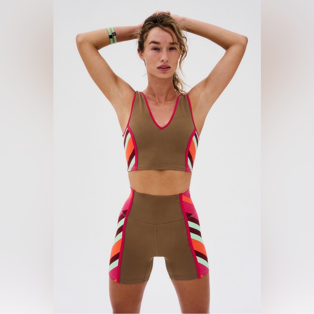 Free People SET Never Better Colorblock Crop & Bike Short In Moonrock NWOT Sz L